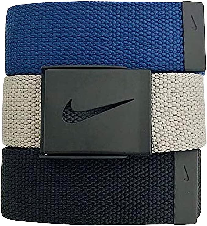 Nike Men's 3 Pack Web Belt, Matte Black Hardware, Black/Grey/Navy, One Size - 3alababak