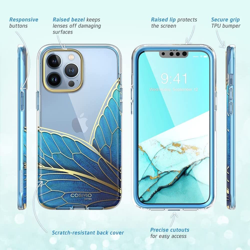 i-Blason Cosmo for iPhone 13 Pro Max Case [Built-in Screen Protector] [Military-Grade Protection] Slim Full-Body Stylish Protective Shockproof Phone Case for iPhone 13 Pro Max (Butterfly)