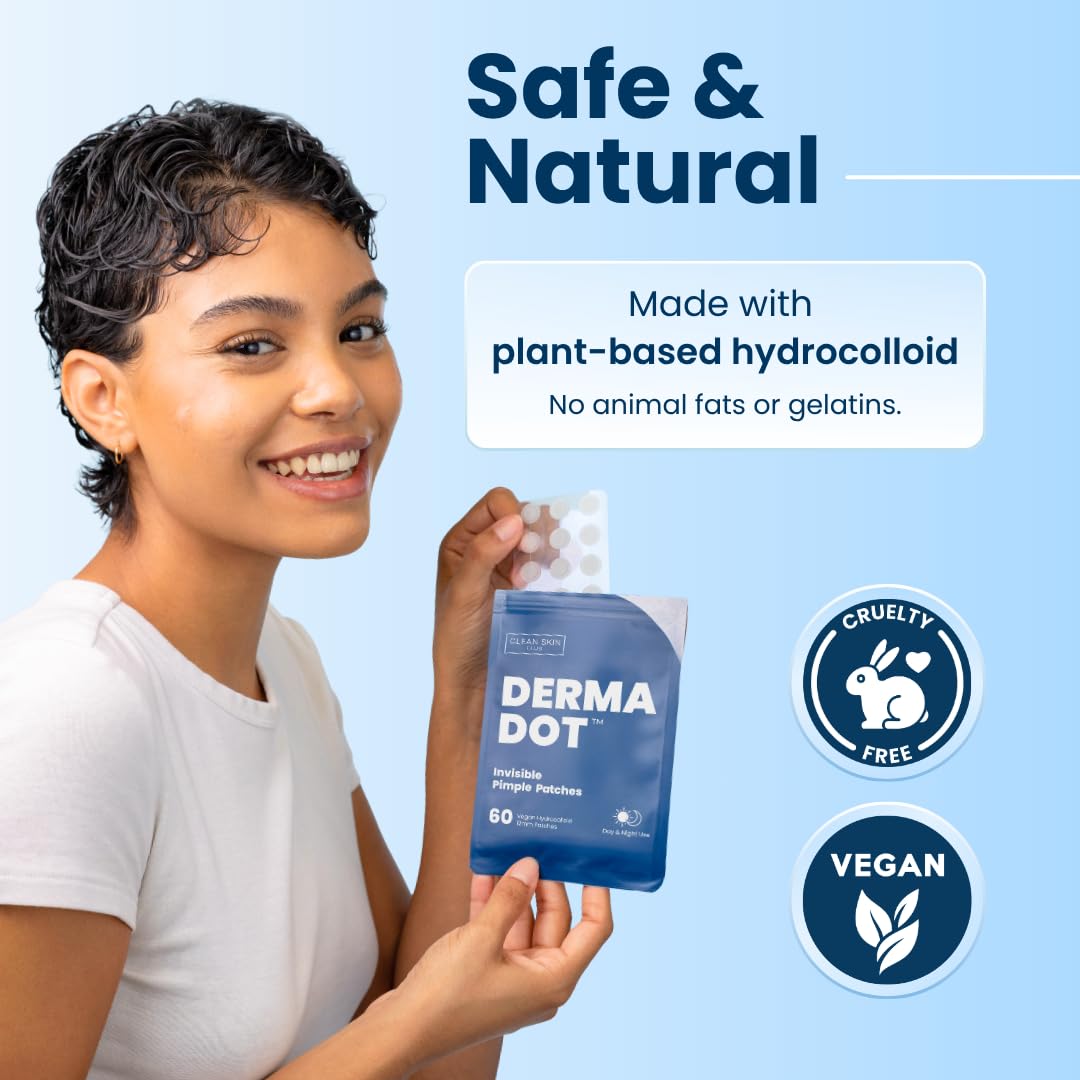 CLEAN SKIN CLUB 60 Invisible Vegan Pimple Patches, Derma Dot Hydrocolloid for Covering Zits, Blackhead, Blemish, Absorbing Face Cover Sticker, Skincare Treatment, Non Toxic Ingredients