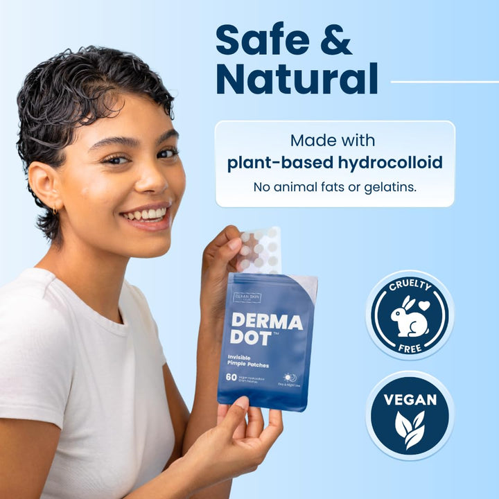 CLEAN SKIN CLUB 60 Invisible Vegan Pimple Patches, Derma Dot Hydrocolloid for Covering Zits, Blackhead, Blemish, Absorbing Face Cover Sticker, Skincare Treatment, Non Toxic Ingredients