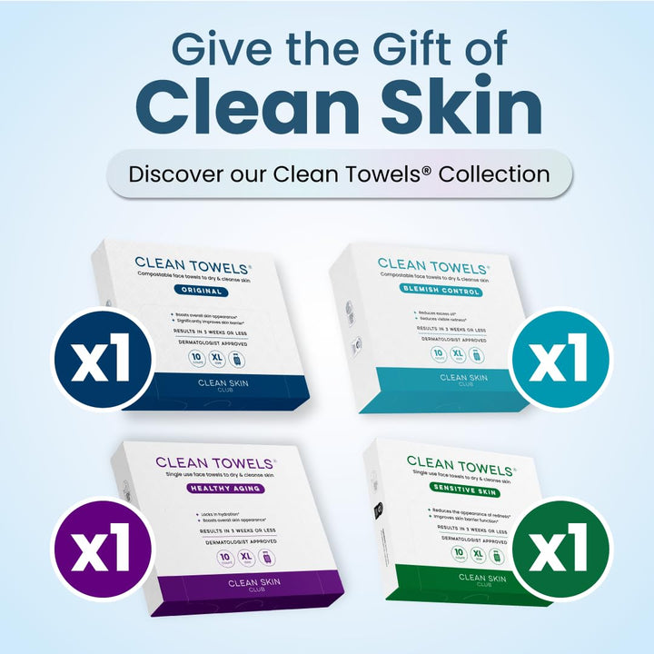 Clean Skin Club Clean Towels® XL Variety 4-Pack Travel Set, Disposable Face Towels, Includes Original, Sensitive, Blemish Control &amp; Healthy Aging, 40 Count Total, 10 Each
