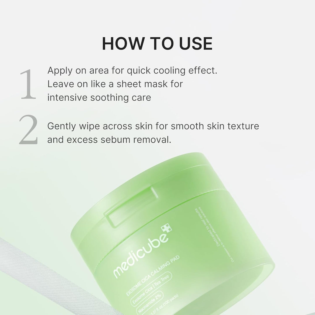 medicube Toner Pads Exosome CICA Tea Tree Calming Toner Pad for Sensitive Skin | Centella Asiatica for Redness, Breakouts | Low-irritating &amp; Hydrating Care | Korean Skincare, 100 Pads (1 Pack)