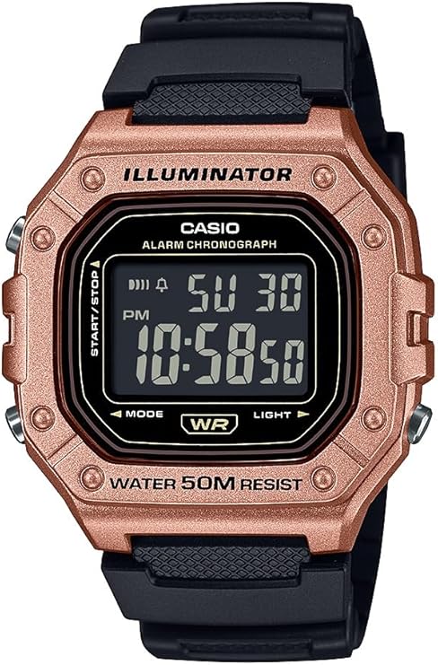 Casio W-218HM-5BV Series | Men’s Digital Watch | Black/Gold | 50M WR | Resin Case | LED Backlight | Auto Calendar | 1/100 SEC Stopwatch | Daily Alarm | 12/24 Hour Format | 7 Year Battery