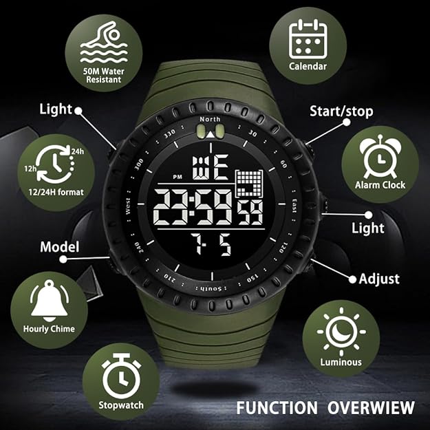 KXAITO Men's Watches Sports Outdoor Waterproof Military Watch Date Multi Function Tactics LED Face Alarm Stopwatch for Men 6256
