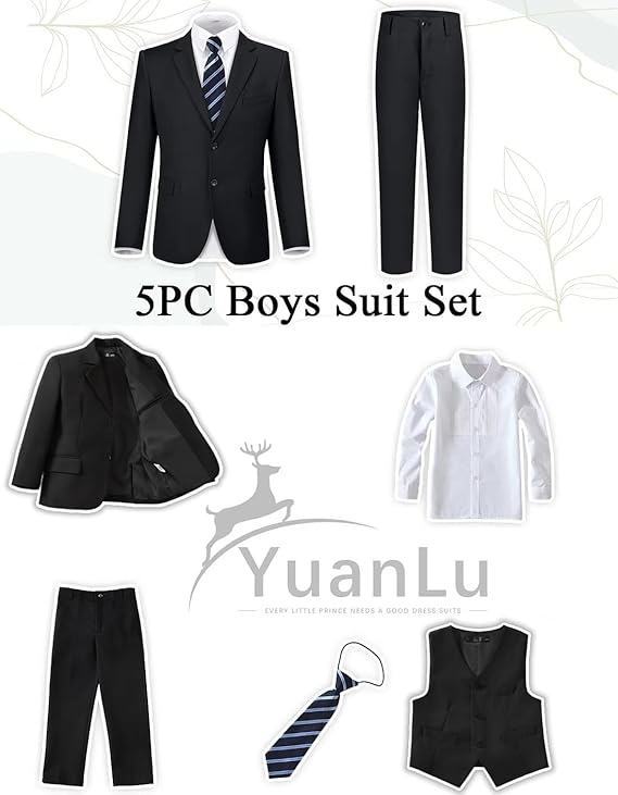 YuanLu Boys Suit for Kids Tuxedo Wedding Ring Bearer Outfit, 5 Piece Boy Slim Fit Formal Suits with Adjustable Waist - 8 Years