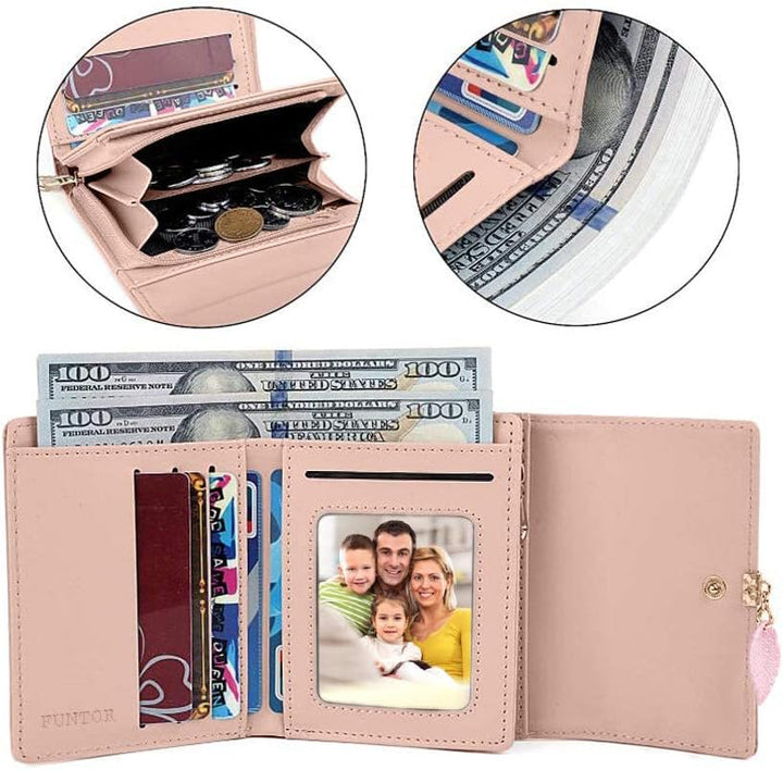 FT FUNTOR RFID Wallets for Women, Leaf Card Holder Trifold Ladies Wallets Coins Zipper Pocket with ID Window