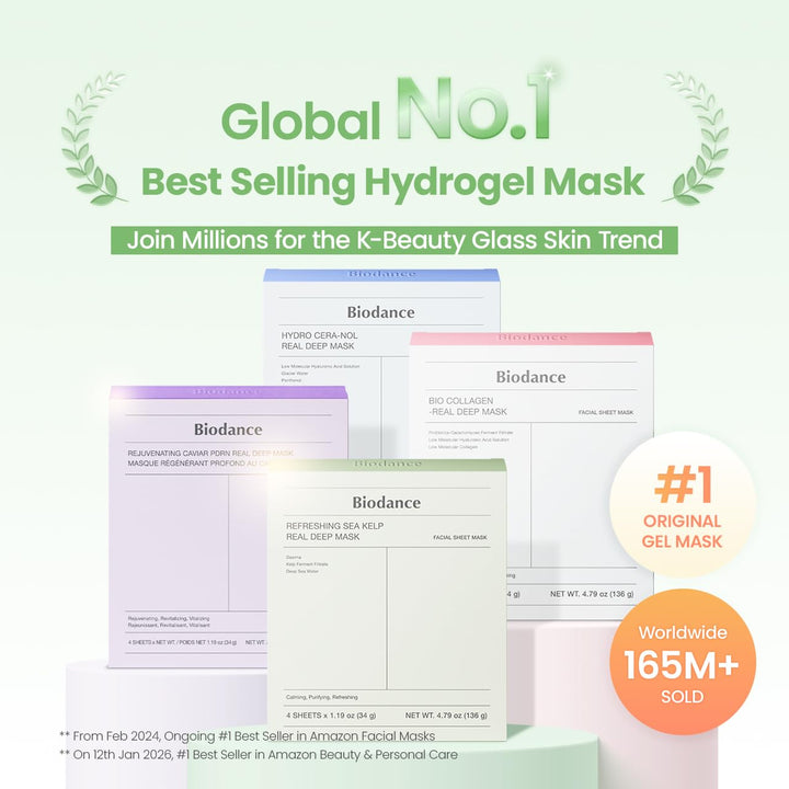 BIODANCE Refreshing Sea kelp Real Deep Mask, Overnight Hydrogel Face Mask, Calming, Oil &amp; Sebum Control, Blemish Care, After Sun Care, Sunburn Relief, Korean Skin Care | 1.19oz(34g) x 4ea