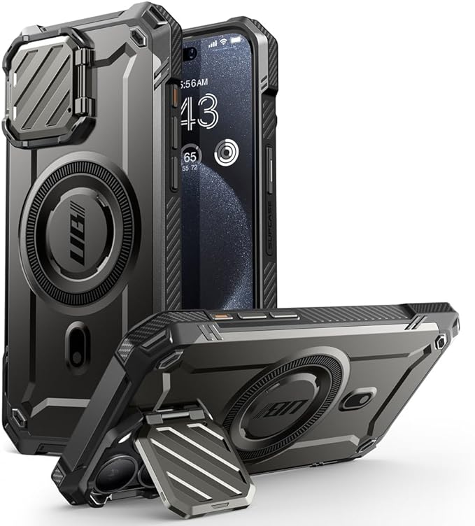 SUPCASE UBMag XT for iPhone 15 Pro Max Case 6.7" with Camera Cover, [Compatible with MagSafe] Heavy Duty Rugged Case with Built-in Kickstand (Black)