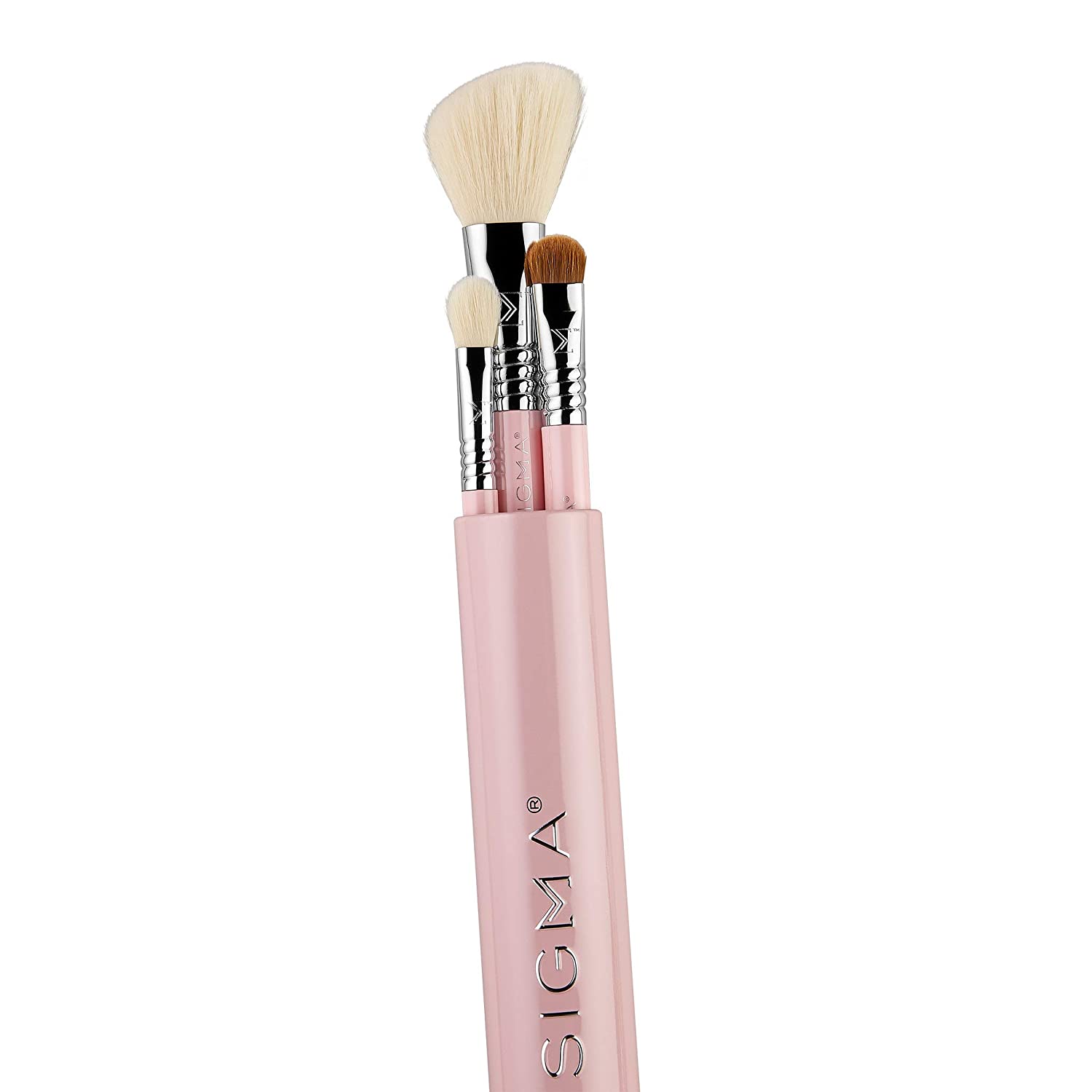 Sigma Beauty Travel Essential Trio - Makeup Brush Set for Foundation Powder Eyeshadow, Vegan Makeup Brushes for Travel - Light Pink - 3alababak