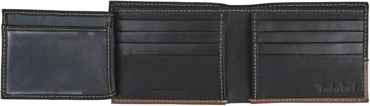 Timberland D67001/77 mens Leather Passcase Trifold Wallet Hybrid, Black/Cognac