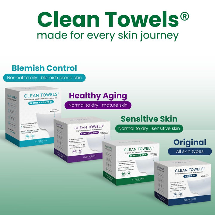 CLEAN SKIN CLUB Sensitive Skin Clean Towels® XL, Ultra-Soft Disposable Face Dry Wipes Infused with Aloe &amp; Glycerin, XL - 1 Pack (50 count)