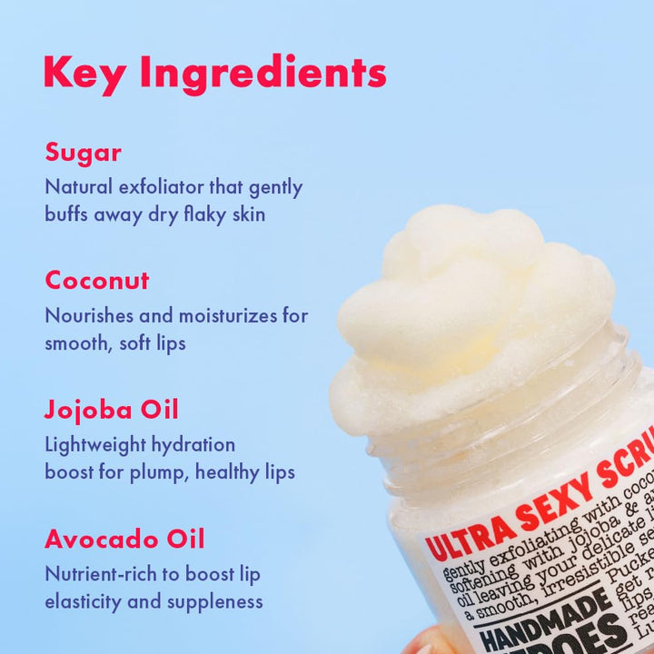 Handmade Heroes 100% Natural Lip Scrub, Vegan Conditioning Coconut Lip Exfoliator - Gentle Exfoliant, Ultra Sexy Sugar Lip Mask Polish and Scrubber for Chapped Dry and Dark Lips, 1oz