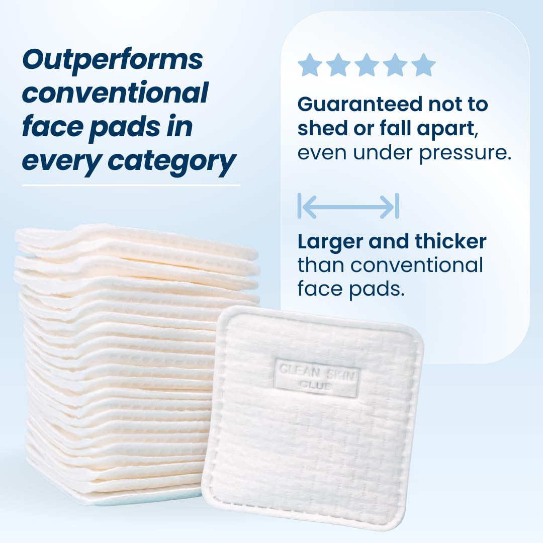 Clean Skin Club Clean² Pads 2.0 [NEW & IMPROVED EDGES] Guaranteed Not to Shed & Tear Face Pads, Unique Triple Layers, Textured & Ultra Soft Side, Organic Disposable Cotton, Pair with Makeup Remover - 60 Count