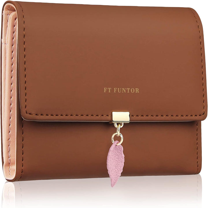 FT FUNTOR RFID Wallets for Women, Leaf Card Holder Trifold Ladies Wallets Coins Zipper Pocket with ID Window