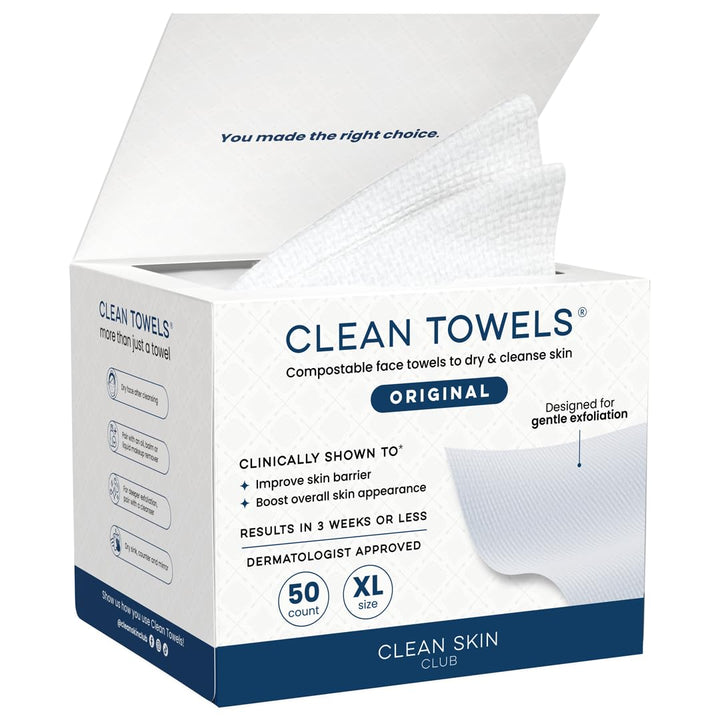 Clean Skin Club Clean Towels®, 100% USDA Biobased Face Towel, Disposable Face Towelette, Eczema Association Accepted, Makeup Remover Dry Wipes, Ultra Soft, 1 Pack, 25 Ct