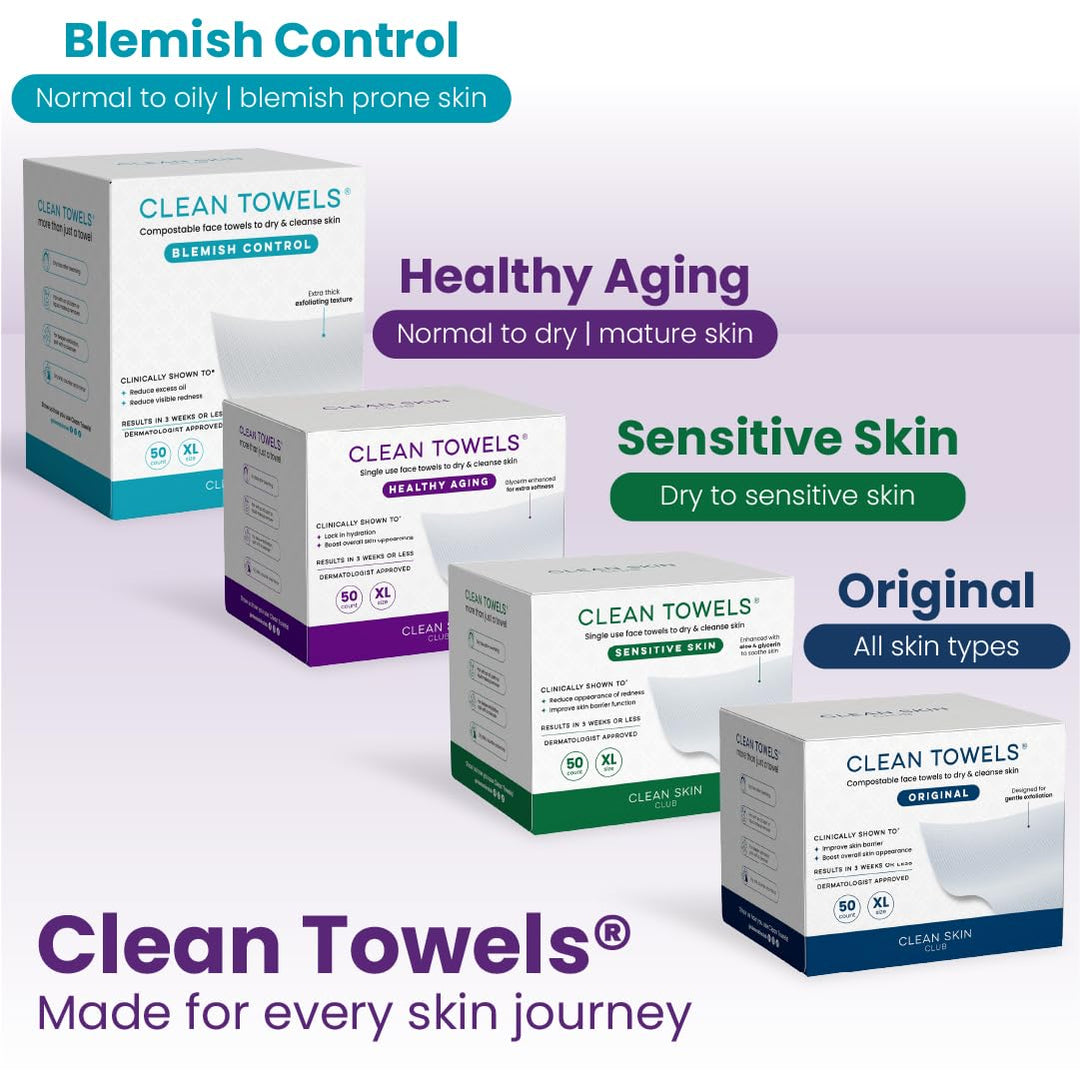 CLEAN SKIN CLUB Healthy Aging Clean Towels® XL, Smooths Fine Lines Wrinkles &amp; Texture, Disposable Face Dry Wipes, XL - 1 Pack (50 count)