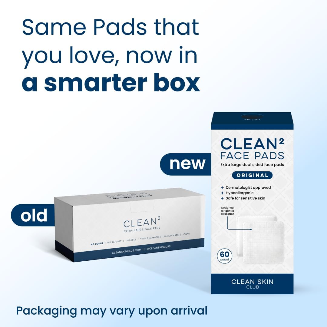 Clean Skin Club Clean² Pads 2.0 [NEW &amp; IMPROVED EDGES] Guaranteed Not to Shed &amp; Tear Face Pads, Unique Triple Layers, Textured &amp; Ultra Soft Side, Organic Disposable Cotton, Pair with Makeup Remover - 60 Count