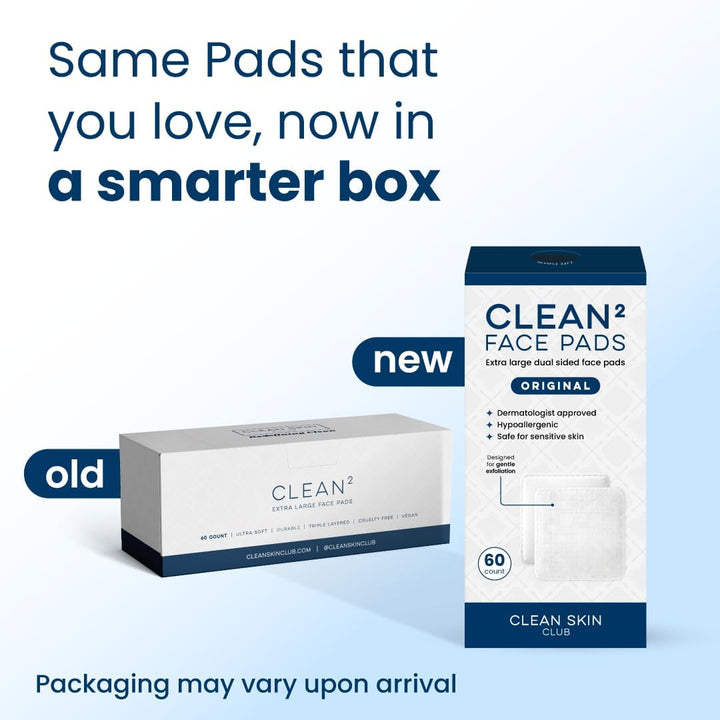 Clean Skin Club Clean² Pads 2.0 [NEW &amp; IMPROVED EDGES] Guaranteed Not to Shed &amp; Tear Face Pads, Unique Triple Layers, Textured &amp; Ultra Soft Side, Organic Disposable Cotton, Pair with Makeup Remover - 60 Count