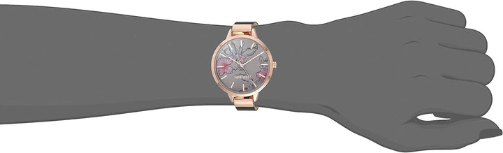 Nine West Women's NW/2044FLGY Floral Dial Strap Watch - Grey/Rose Gold