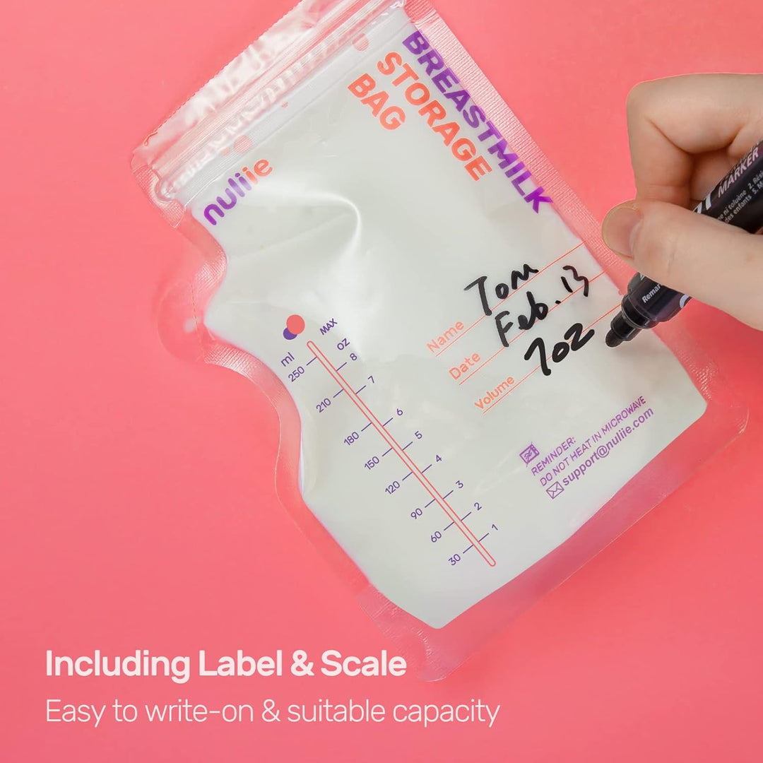 Nuliie Breastmilk Storage Bags Freezer, 8 OZ Breast Milk Storing Bags, BPA-Free, Milk Storage Bags with Pour Spout for Breastfeeding, Self-Standing Bag, Space Saving Flat Profile