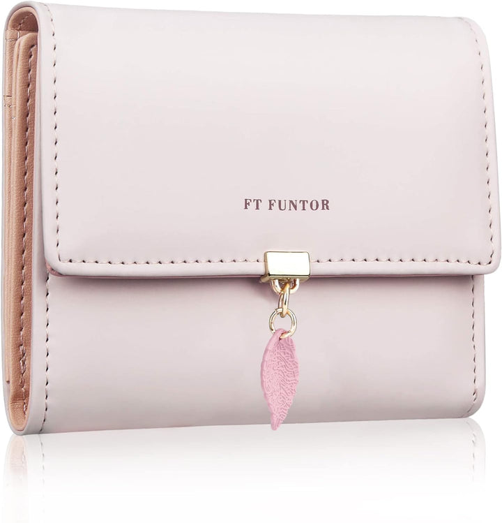 FT FUNTOR RFID Wallets for Women, Leaf Card Holder Trifold Ladies Wallets Coins Zipper Pocket with ID Window