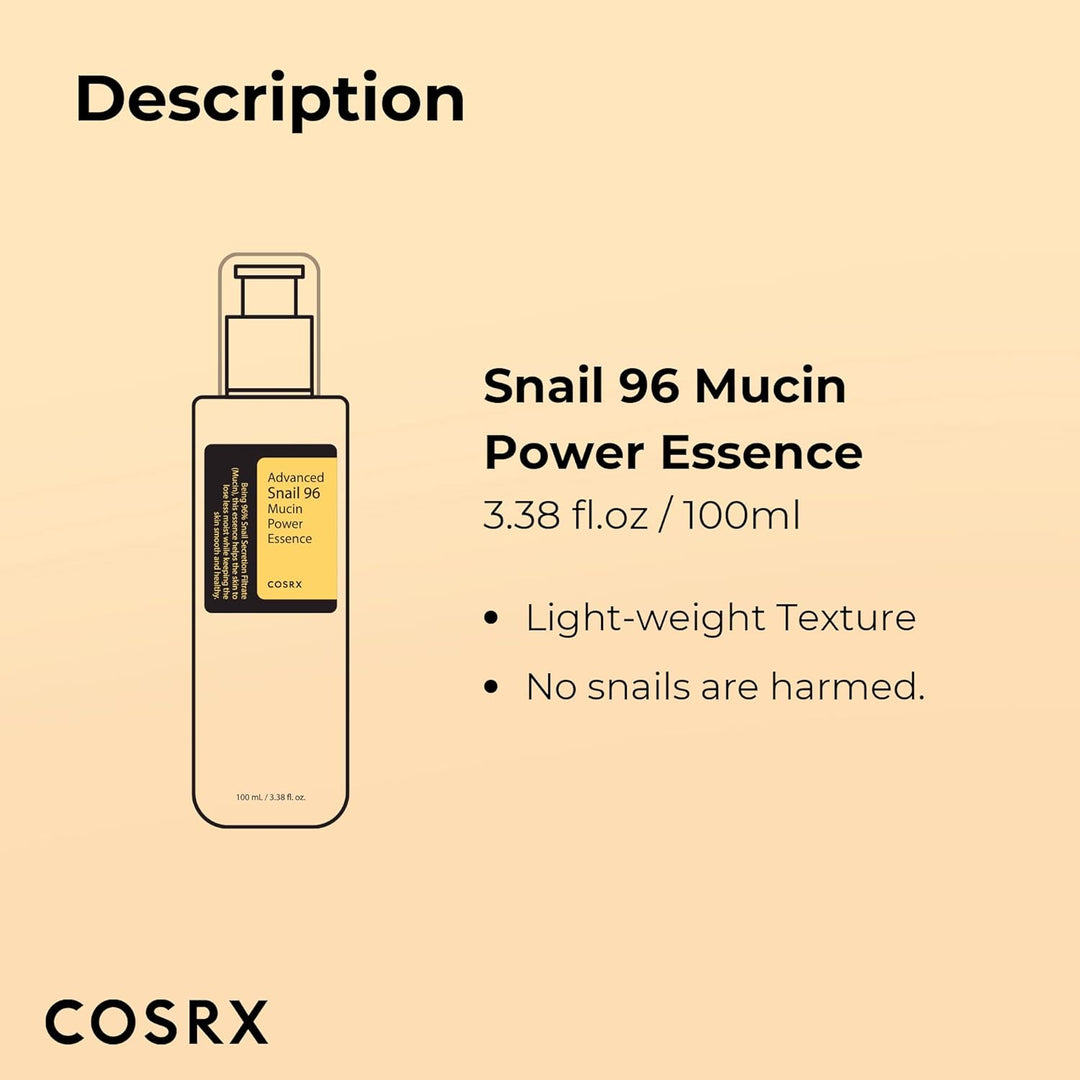 COSRX Snail Mucin 96% Power Repairing Essence 3.38 fl.oz 100ml, Hydrating Serum for Face with Snail Secretion Filtrate for Dull Skin & Fine Lines, Korean Skincare