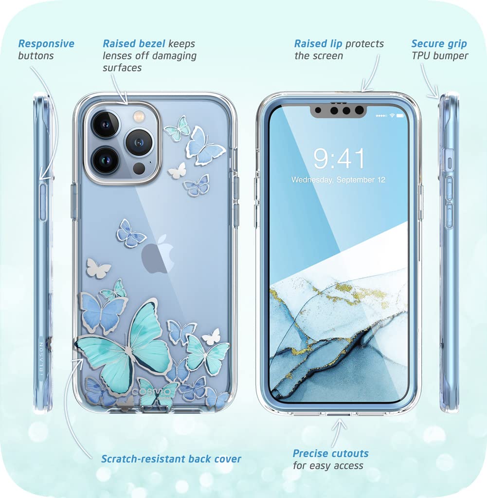 i-Blason Cosmo for iPhone 13 Pro Max Case [Built-in Screen Protector] [Military-Grade Protection] Slim Full-Body Stylish Protective Shockproof Phone Case for iPhone 13 Pro Max (Butterfly)