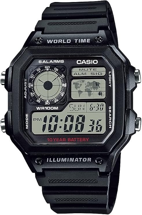 Casio AE-1200WH-1BVDF Series | Men’s Digital Watch | 100M WR | Multi Alarms | 100 SEC Stopwatch | Countdown Timer | World Map for World Time | LED Light | LC Analog Display | 10 Year Battery
