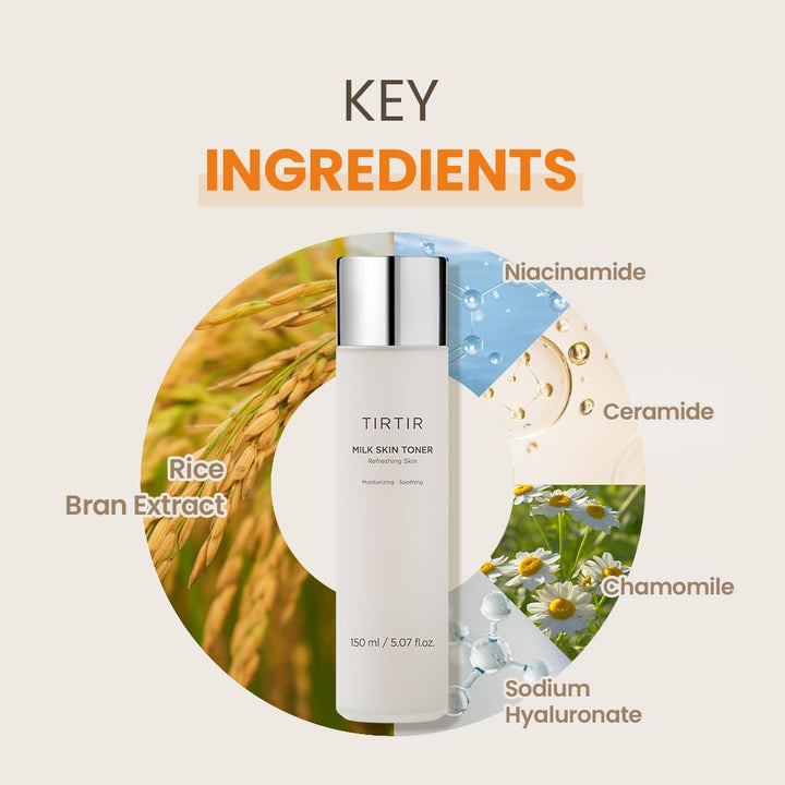 TIRTIR Milk Toner - Soft and Milky Texture, Deep Hydrating, Moisturizing ,Glow, Plant-derived ingredients with Rice Bran Extracts, Chamomile Flowers, Korean Skin Care, Vegan, 150mL / 5.07 Fl Oz