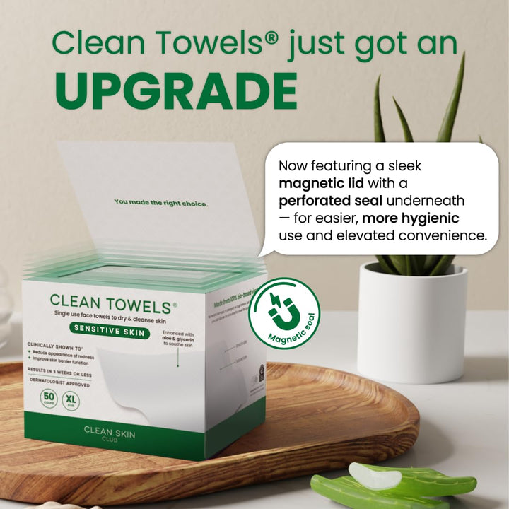 CLEAN SKIN CLUB Sensitive Skin Clean Towels® XL, Ultra-Soft Disposable Face Dry Wipes Infused with Aloe &amp; Glycerin, XL - 1 Pack (50 count)