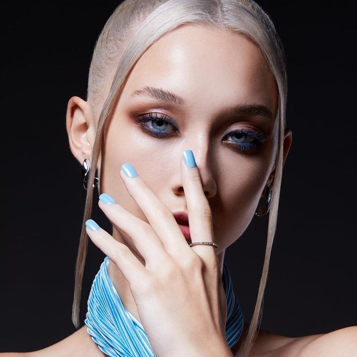 KISS colorFX by imPRESS Press On Nails , ‘Reconnect’, Solid Blue with Pearlescent Finish, Short Oval, New &amp; Improved Adhesive, Includes 30 Fake Nails, Prep Pad, 1 Manicure Stick, 1 Mini Nail File