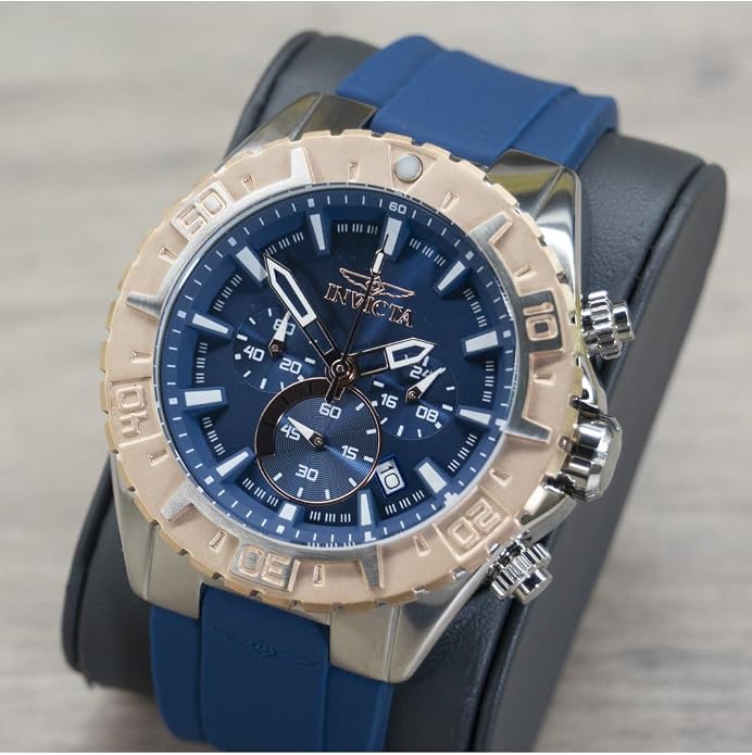Invicta Mens 22523 Pro Diver Chronograph Watch – Blue Dial, Rose Gold &amp; Silver Case