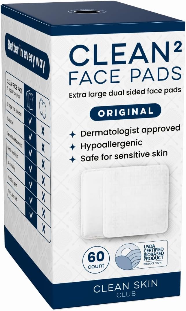 Clean Skin Club Clean² Pads 2.0 [NEW &amp; IMPROVED EDGES] Guaranteed Not to Shed &amp; Tear Face Pads, Unique Triple Layers, Textured &amp; Ultra Soft Side, Organic Disposable Cotton, Pair with Makeup Remover - 60 Count