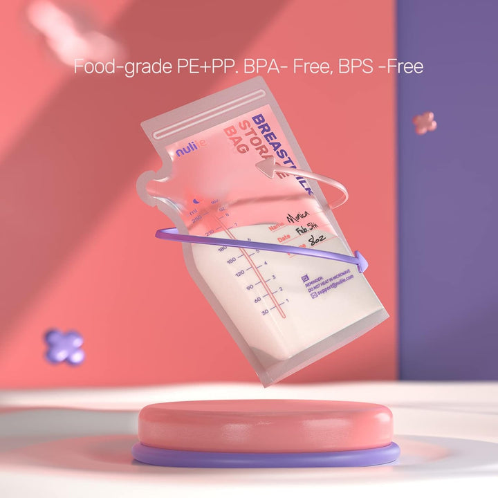 Nuliie Breastmilk Storage Bags Freezer, 8 OZ Breast Milk Storing Bags, BPA-Free, Milk Storage Bags with Pour Spout for Breastfeeding, Self-Standing Bag, Space Saving Flat Profile