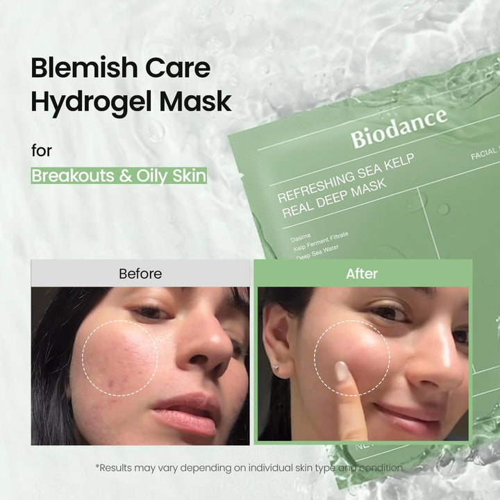 BIODANCE Refreshing Sea kelp Real Deep Mask, Overnight Hydrogel Face Mask, Calming, Oil &amp; Sebum Control, Blemish Care, After Sun Care, Sunburn Relief, Korean Skin Care | 1.19oz(34g) x 4ea
