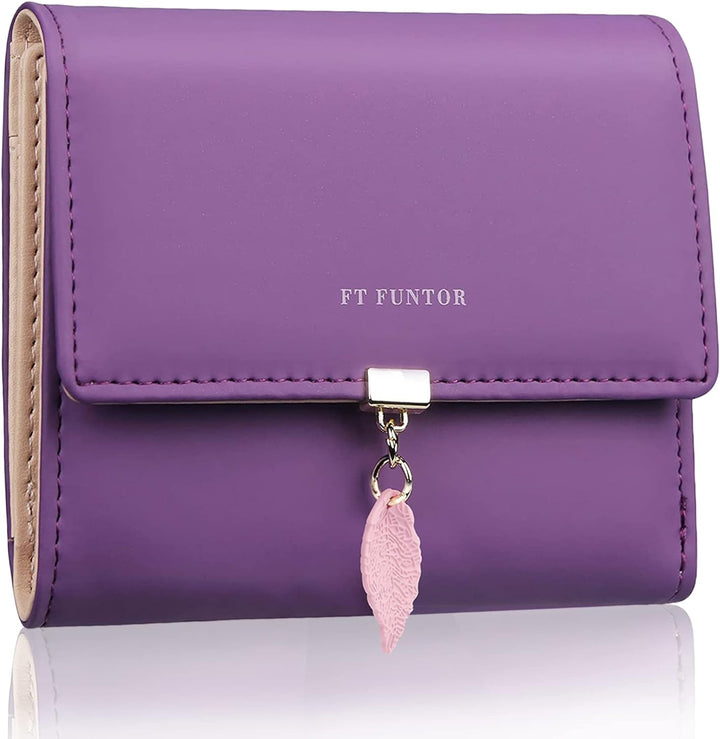 FT FUNTOR RFID Wallets for Women, Leaf Card Holder Trifold Ladies Wallets Coins Zipper Pocket with ID Window