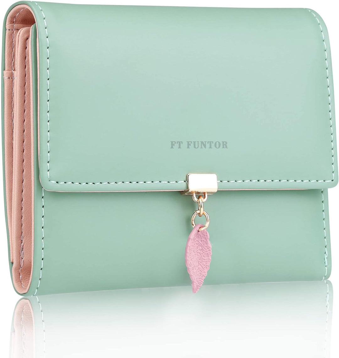 FT FUNTOR RFID Wallets for Women, Leaf Card Holder Trifold Ladies Wallets Coins Zipper Pocket with ID Window