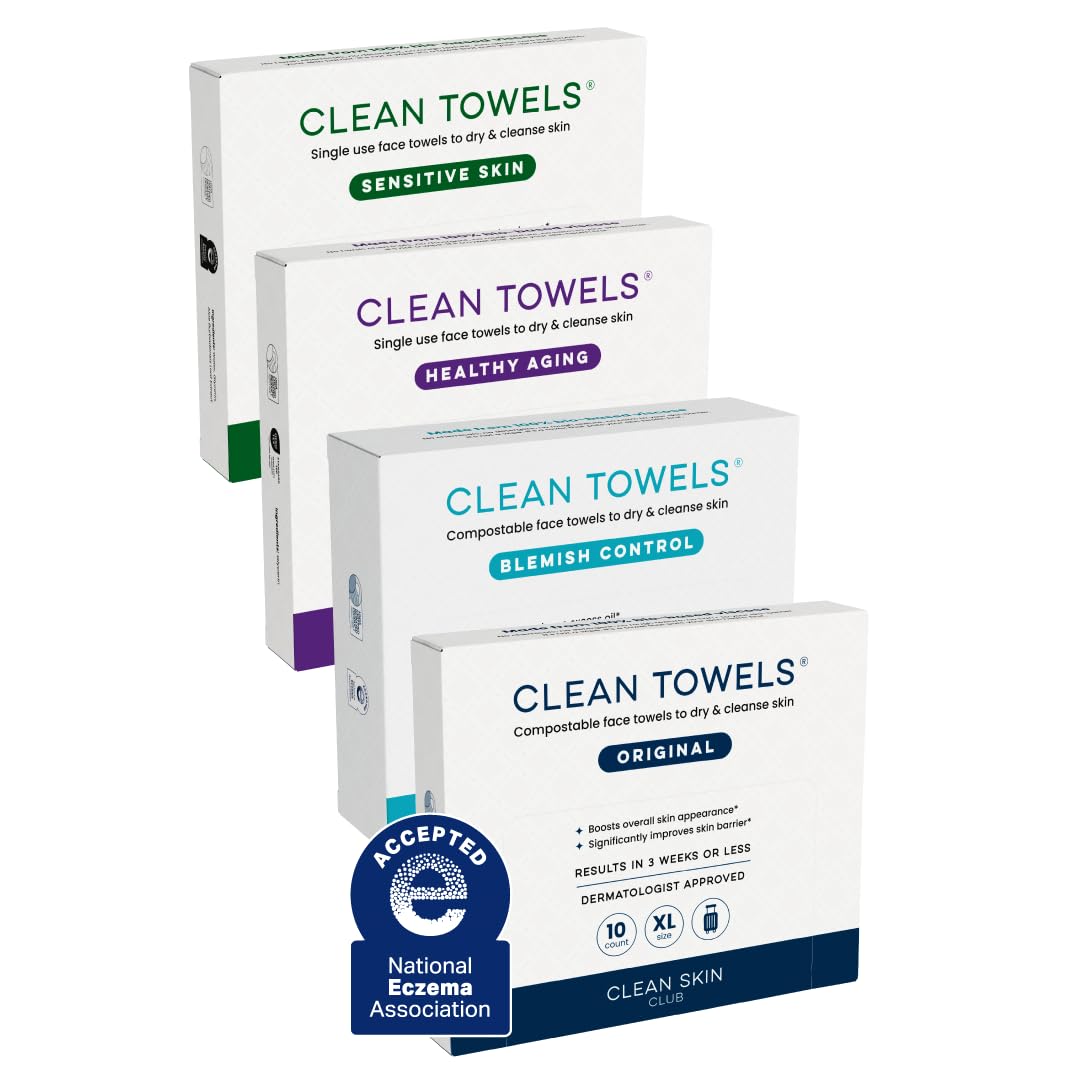 Clean Skin Club Clean Towels® XL Variety 4-Pack Travel Set, Disposable Face Towels, Includes Original, Sensitive, Blemish Control &amp; Healthy Aging, 40 Count Total, 10 Each