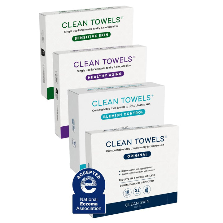 Clean Skin Club Clean Towels® XL Variety 4-Pack Travel Set, Disposable Face Towels, Includes Original, Sensitive, Blemish Control &amp; Healthy Aging, 40 Count Total, 10 Each