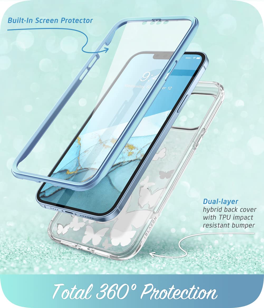 i-Blason Cosmo for iPhone 13 Pro Max Case [Built-in Screen Protector] [Military-Grade Protection] Slim Full-Body Stylish Protective Shockproof Phone Case for iPhone 13 Pro Max (Butterfly)