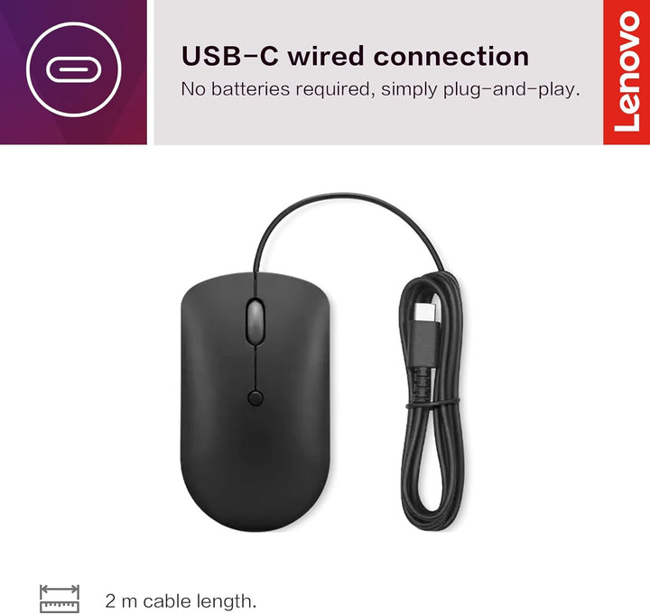 Lenovo 400 USB-C Wired Compact Mouse, 4 Button USB Mouse for Laptops and Computers, Adjustable 2400 DPI, Left or Right Hand, GY51D20875, Black