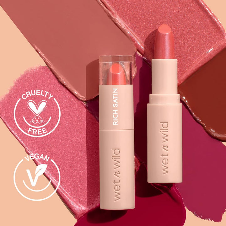 wet n wild Mega Last Rich Satin Lip Color, Rich Creamy Color with Satin Finish, Infused with Vitamin E &amp; Moisturizing Argan Oil, Lightweight, Silky-Smooth, Vegan &amp; Cruelty-Free