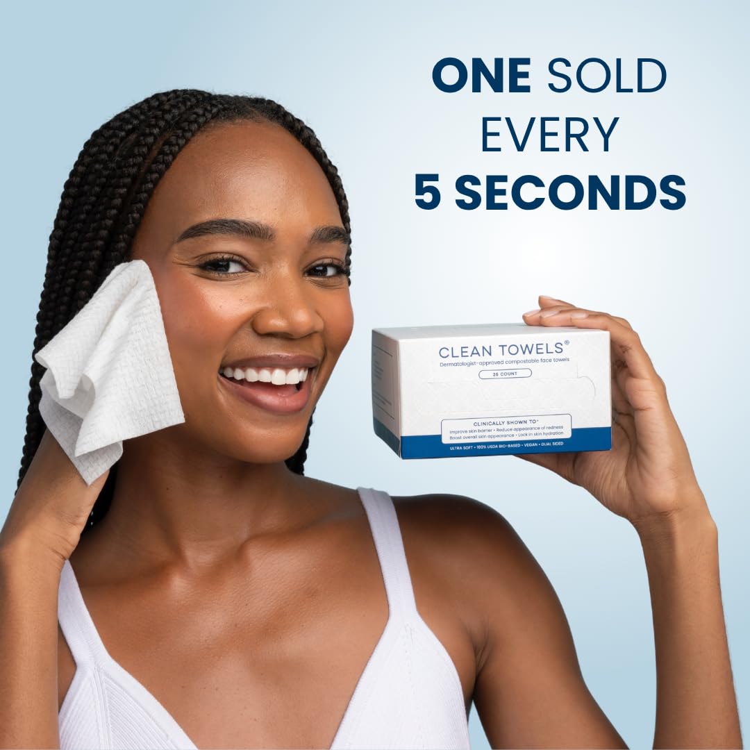 Clean Skin Club Clean Towels®, 100% USDA Biobased Face Towel, Disposable Face Towelette, Eczema Association Accepted, Makeup Remover Dry Wipes, Ultra Soft, 1 Pack, 25 Ct