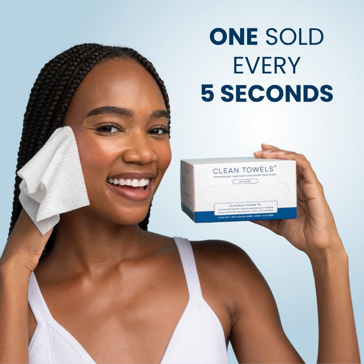 Clean Skin Club Clean Towels®, 100% USDA Biobased Face Towel, Disposable Face Towelette, Eczema Association Accepted, Makeup Remover Dry Wipes, Ultra Soft, 1 Pack, 25 Ct