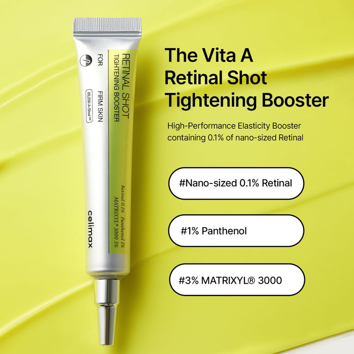 celimax The Vita A Retinal Shot Tightening Booster | 0.1% Retinal, 3% Matryxyl, High-Strength Retinoid for Anti-Aging, Pore Minimizer, Wrinkles &amp; Fine Lines, Firmer Skin, 15ml