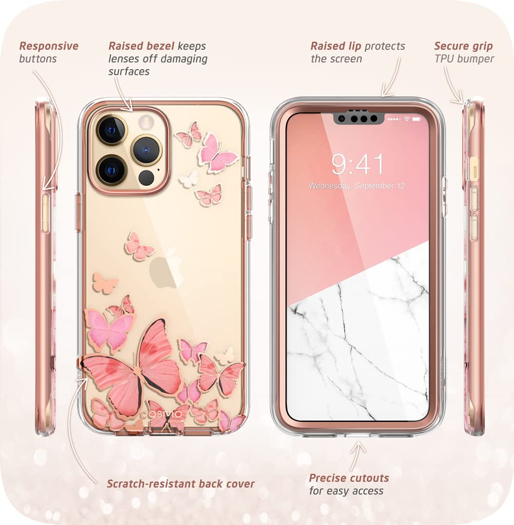 i-Blason Cosmo for iPhone 13 Pro Max Case [Built-in Screen Protector] [Military-Grade Protection] Slim Full-Body Stylish Protective Shockproof Phone Case for iPhone 13 Pro Max (Butterfly)