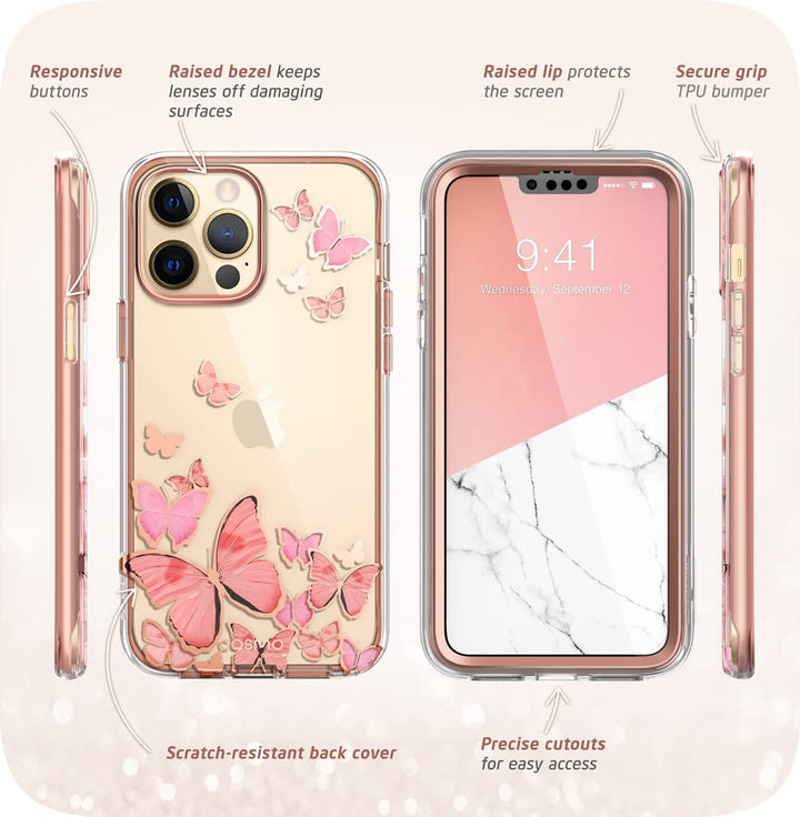 i-Blason Cosmo for iPhone 13 Pro Max Case [Built-in Screen Protector] [Military-Grade Protection] Slim Full-Body Stylish Protective Shockproof Phone Case for iPhone 13 Pro Max (Butterfly)