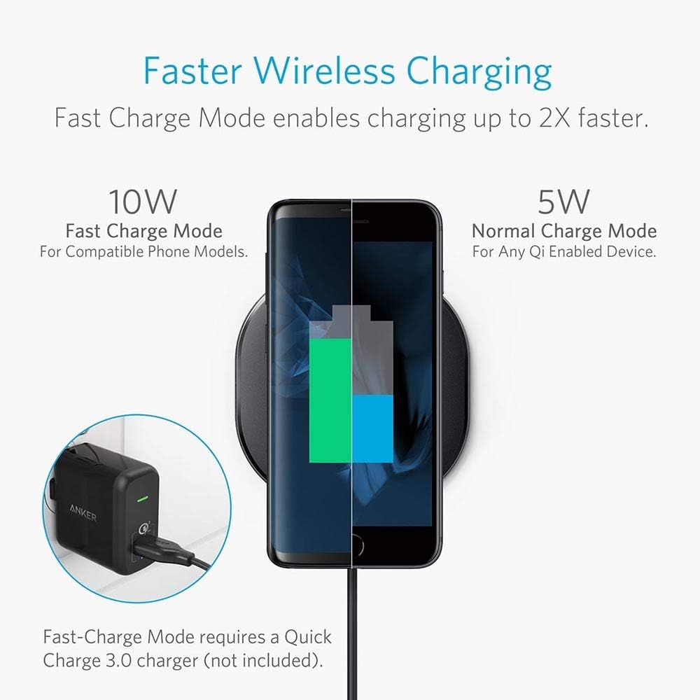 Anker 10W Wireless Charger, Qi-Certified Wireless Charging Pad, PowerPort Wireless 10 Compatible iPhone XS MAX/XR/XS/X/8/8 Plus, 10W Fast-Charging Galaxy S10/S9/S9+/S8/S8+(No AC Adapter) - 3alababak
