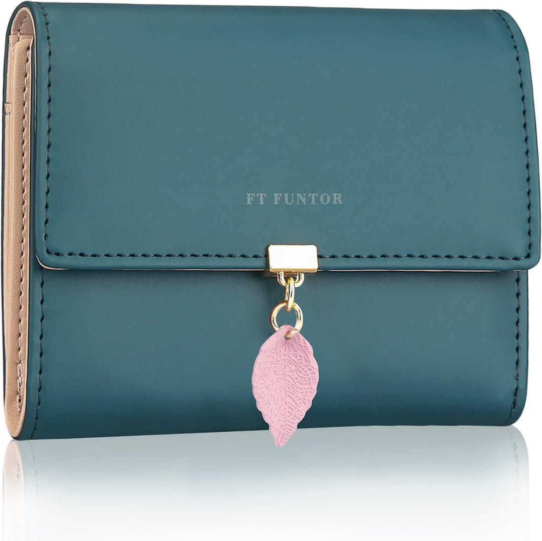 FT FUNTOR RFID Wallets for Women, Leaf Card Holder Trifold Ladies Wallets Coins Zipper Pocket with ID Window