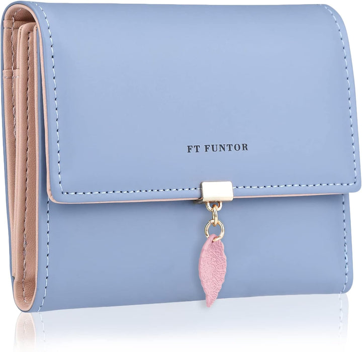 FT FUNTOR RFID Wallets for Women, Leaf Card Holder Trifold Ladies Wallets Coins Zipper Pocket with ID Window